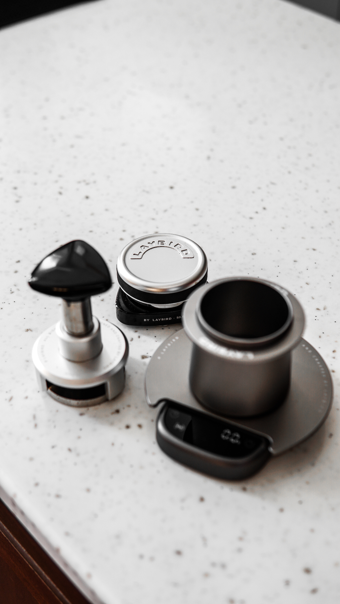 TriSpin flat lay with tamper and scale