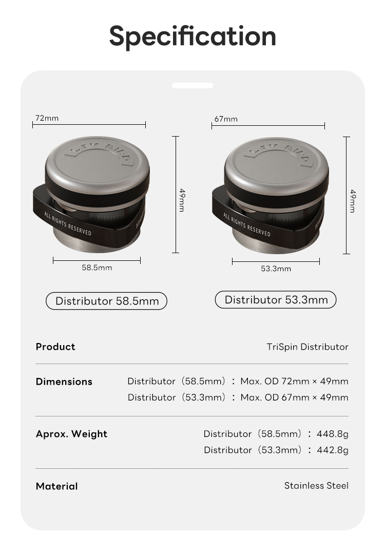 TriSpin Distributor specification sheet showing dimensions and weights for 58.5 mm and 53.3 mm sizes