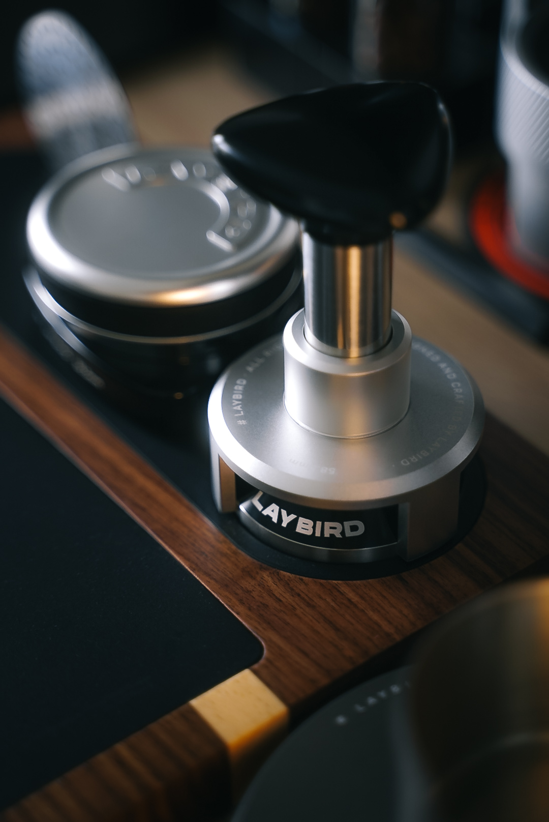 TriPress on walnut tray with accessories